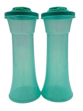 Vintage Tupperware Green Blue Hourglass Salt & Pepper Shakers Set 6” Read